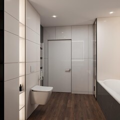 Contemporary bathroom with wall-mounted toilet, built-in niche lighting, matte finishes, and wooden flooring. Minimalist design enhances space, warmth, and functionality