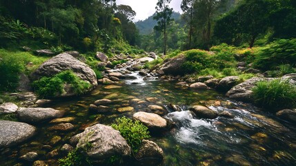 Obraz premium Clear stream flowing over smooth, large stones in a lush green landscape. Pure water unpolluted concept. .