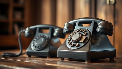 Vintage rotary telephone on wooden table with warm lighting and blurred background.