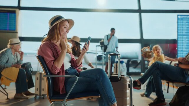 A woman in a straw hat smiles at her phone while waiting in the airport. Others are around her, seemingly also waiting for their flights.