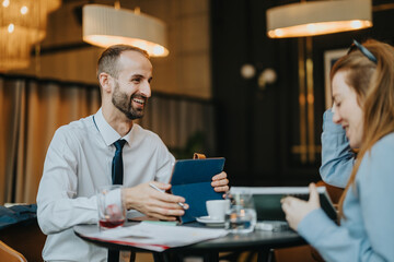 Two colleagues engaged in a business conversation while enjoying coffee at a well-lit workspace....