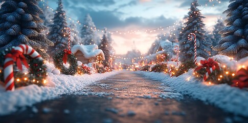 Snowy winter path decorated with festive lights and candy canes christmas trees
