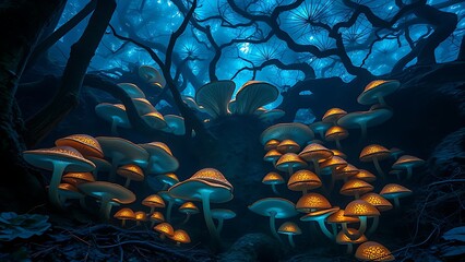 A vast blue-glowing fungal network beneath the forest floor, embodying the unseen interconnectedness of life.