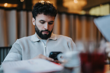 A young bearded man wearing a zip-up jacket is focused on his smart phone in a relaxed, modern cafe...