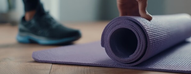The yoga mat being rolled up after a rewarding fitness session.