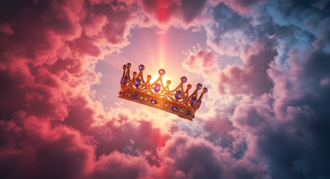 A gold crown with purple gems floats amidst pink and blue clouds and bright light rays