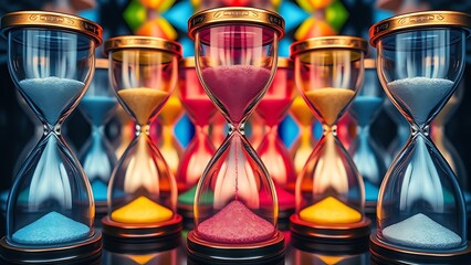 Colorful overlapping hourglasses with upward-flowing sand, depicting the unique perception of time in ADHD.