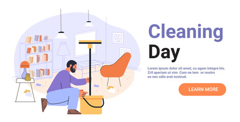 Man cleaning living room interior with mop bookshelf lamp scattered papers cozy home scene modern furniture pastel colors website banner