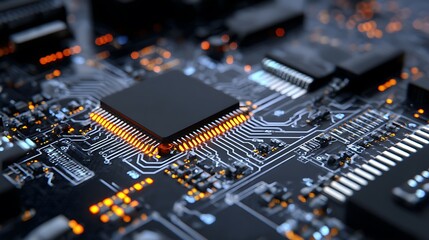 Fototapeta premium Close-up of a circuit board, containing integrated electronic components, including a processor and memory. .