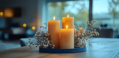 Three lit orange candles with dried flowers bokeh interior