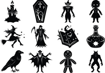 Vector art of a collection of spooky halloween icons in silhouette isolated on transparent background