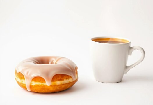 Glazed donut and steaming coffee cup on white background, cream, delicious - Powered by Adobe