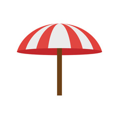 A red and white striped beach umbrella stands centered, casting no shadow, under bright, even light, evoking a simple, cheerful, flat illustration.
