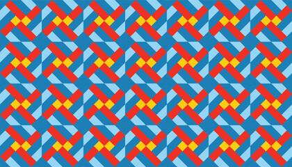 Vibrant geometric pattern featuring intersecting diagonal lines and square shapes in primary colors—red, yellow, and various shades of blue—forming a bold and modern seamless design