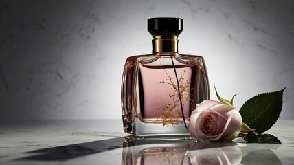 Pink perfume bottle with rose