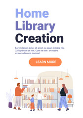 Home library creation family organizing bookshelves cozy room modern furniture plants reading activity interior design landing page