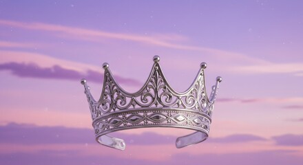 A silver crown floats against a background of pink and purple clouds