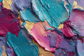 Textured brushstroke artwork creates a vibrant, multi-colored background. Design use