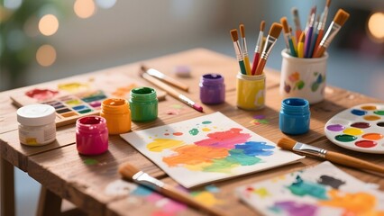 Artistic Workspace with Paints, Brushes, and Colorful Creations