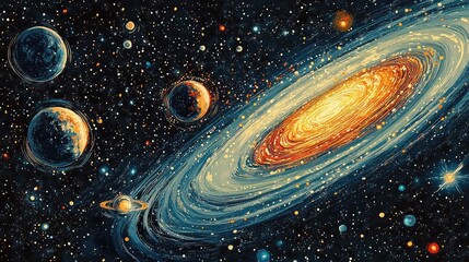 Space art drawings of planets, galaxies, and spacecraft rendered in stylized black and white or colorful line art capturing the wonder, scale, and imagination of space exploration and science.