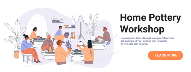 Obraz premium Home pottery workshop group creative activity people making ceramics on pottery wheels indoor plants cozy room pastel colors website banner