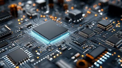 Fototapeta premium Close-up of circuit board featuring microchips and circuitry. Represents advanced technology and electronics. .