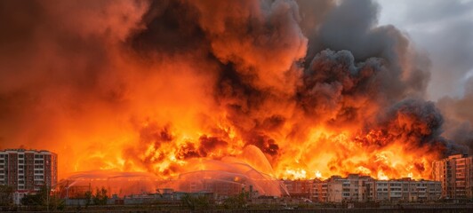 The dramatic scene of a city ablaze in flames and smoke.