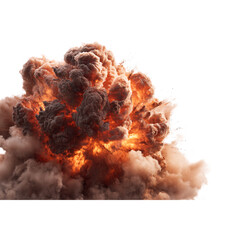 Dramatic fiery explosion with dense smoke plumes and debris scattering outwards, conveying intense energy and power in a destructive event. Transparent Background