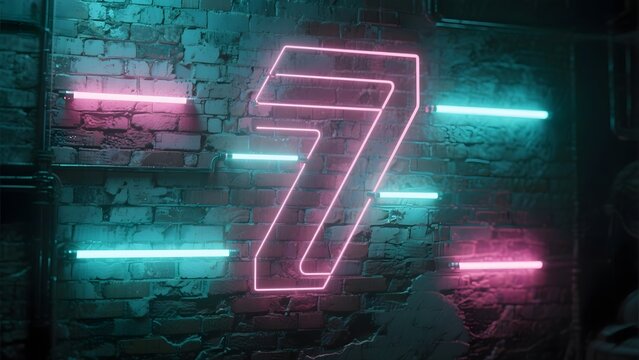 Neon number '7' displayed on a brick wall with colorful horizontal lights