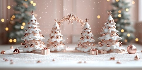 White Christmas trees with rose gold ornaments and gifts image