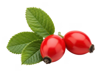 Two vibrant red rose hips with green serrated leaves on rosehip fruit