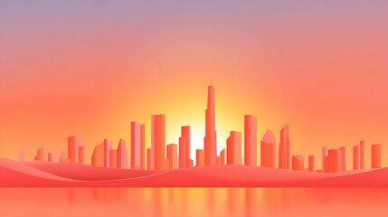 Fototapeta premium Sunset view of modern city skyline with tall buildings and reflection