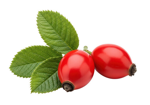 Two vibrant red rose hips with green serrated leaves on rosehip fruit