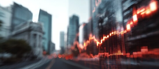 Blurred cityscape overlaid with a declining stock market graph