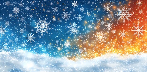 White snowflakes falling on blue and orange background winter