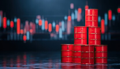 Red oil barrels stacked against a financial market graph (1)