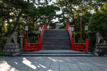 日本、大阪、住吉大社、神社、青空、木、緑、夏、木造の建物、鳥居、橋、写真素材