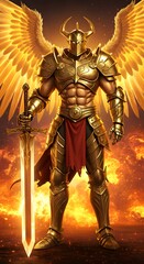 Fototapeta premium Angelic figure clad in golden armor holding a glowing sword amidst a fiery ominous backdrop