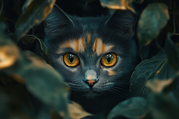 Smoke cat stares through green foliage with piercing green eyes. Close-up portrait outdoors.