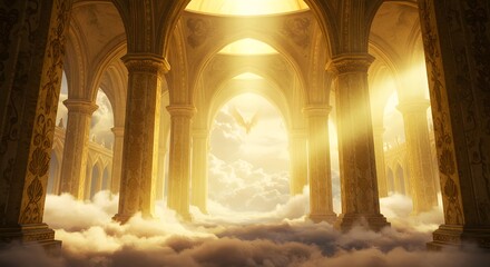 Arched colonnade atop clouds glows with a winged figure in the distance