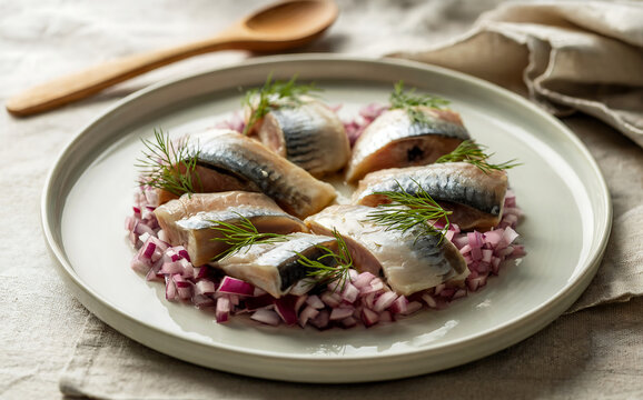 National cuisine of Denmark - A photograph of a beautifully arranged plate of "Syltede sild" - traditional Danish marinated herring