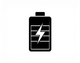 Black battery icon with charging symbol, white background, flat minimal style