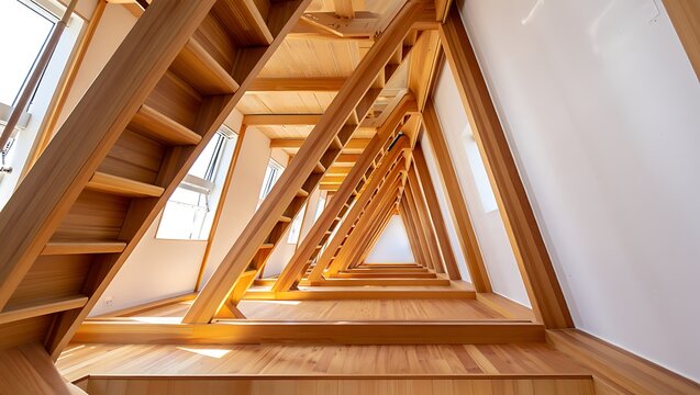 Architectural marvel of wooden triangular staircase extending to a vanishing point with natural light and geometric design showcasing carpentry skills