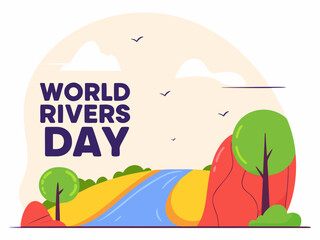 Illustrated World Rivers Day with River Flowing Through Landscape and Trees on a Beige Background