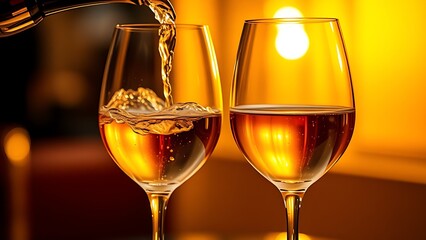 Elegant wine glasses with golden liquid captured in a sophisticated dining scene.
