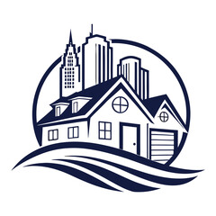 Fototapeta premium Real Estate Dream Home: A serene illustration depicts a dream house integrated with the skyline of modern city, presenting a concept of luxurious and comfortable living.