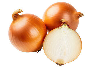 Two whole yellow onions and one halved onion on image
