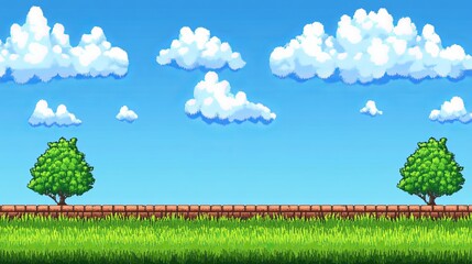 Pixel art landscape with trees, clouds, and a wall