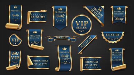 Set of gold and blue premium quality and VIP labels with elegant ribbon designs, ideal for branding, packaging, or ecommerce badges. Vector illustration.
