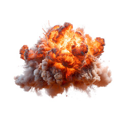 Vivid fiery explosion with billowing smoke and debris scattering outwards, symbolizing destruction and power. Transparent Background
